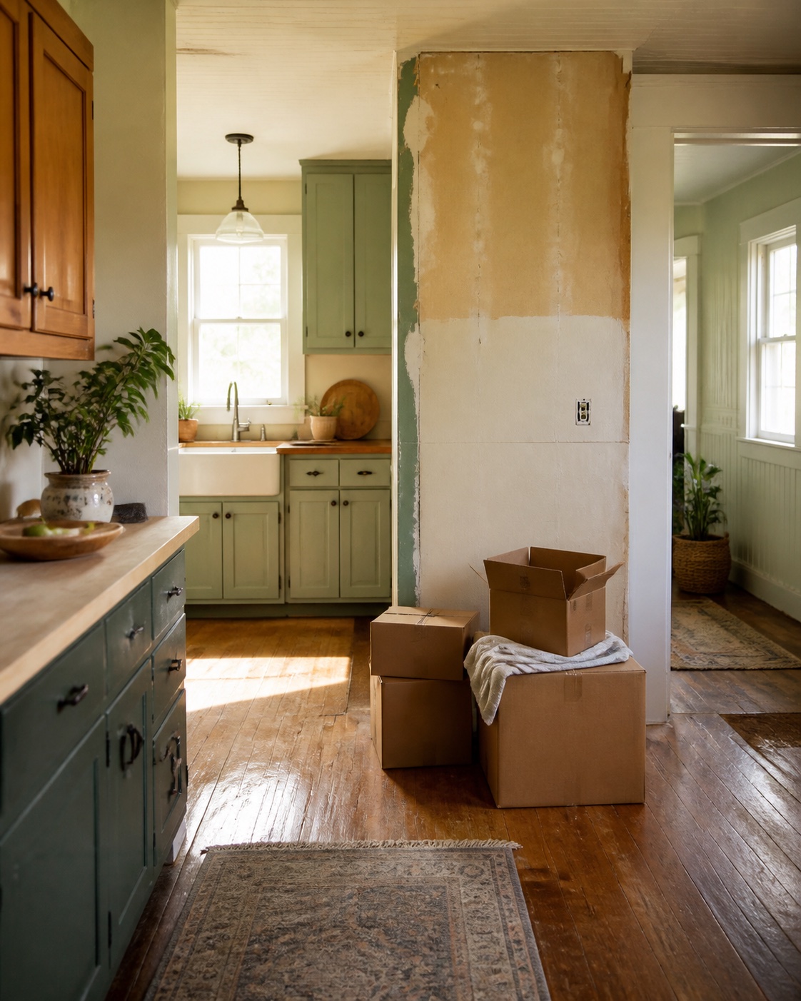 A warm, lived-in kitchen with an unfinished wall and moving boxes
