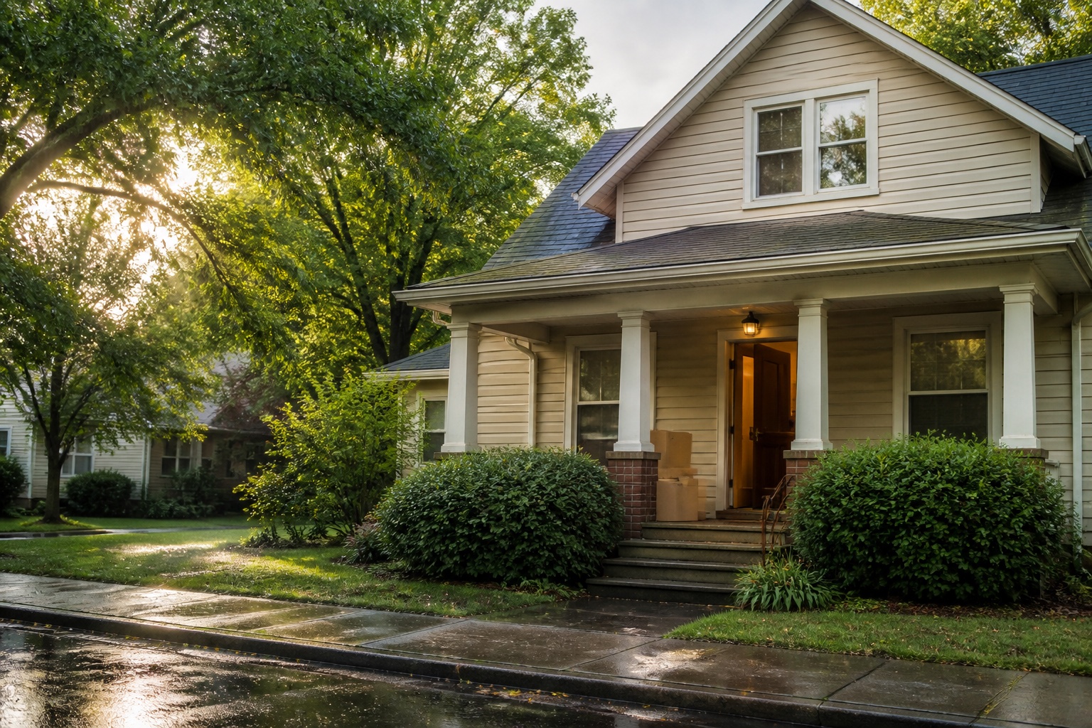 A modest American home with moving boxes by the open front door